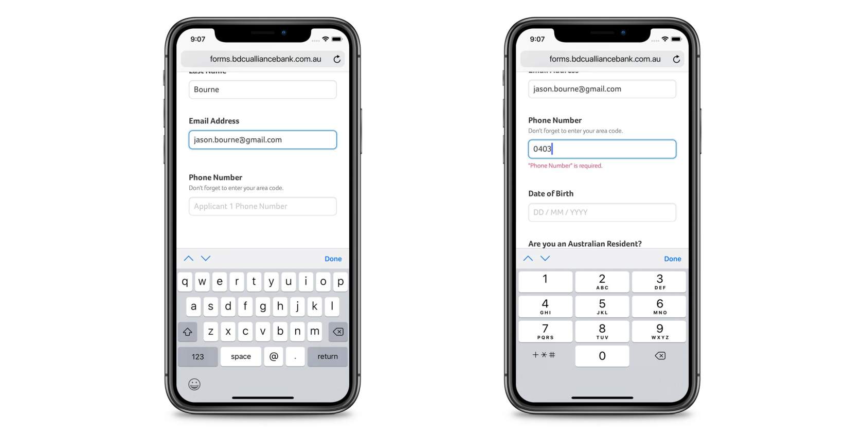 Two mobile screenshots showing different keyboard types based on input field type