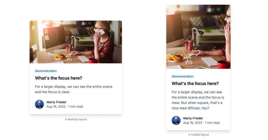An example showing a desktop layout with the full image shown, but faces cut off on smaller responsive layouts.