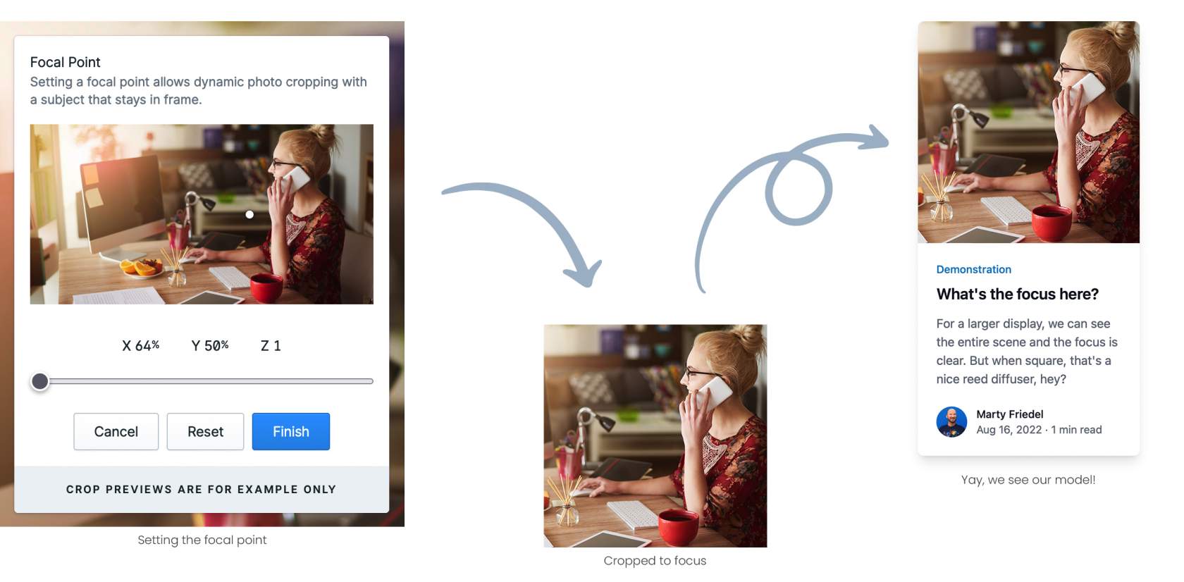 Picking a focal point in Statamic, showing the newly cropped image, and how it appears in the mobile layout.