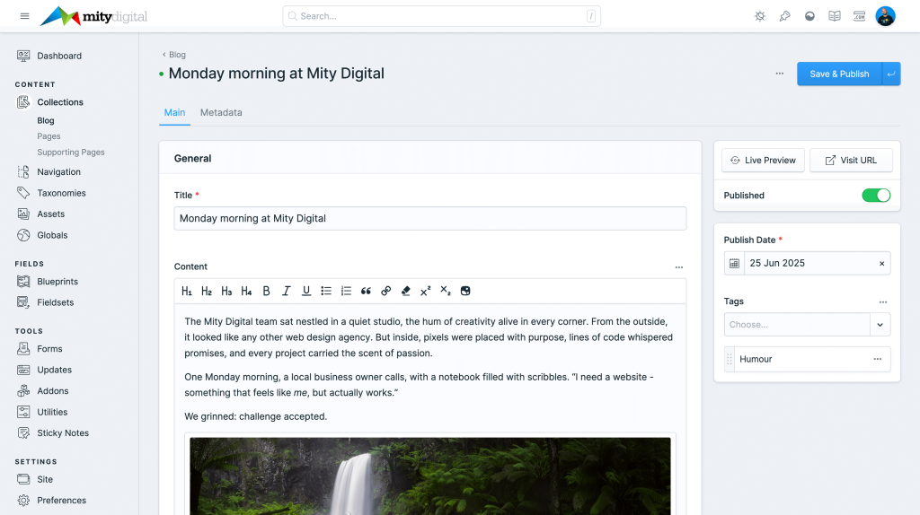 Editing a page in the Statamic content management system. User friendly and intuitive content management.