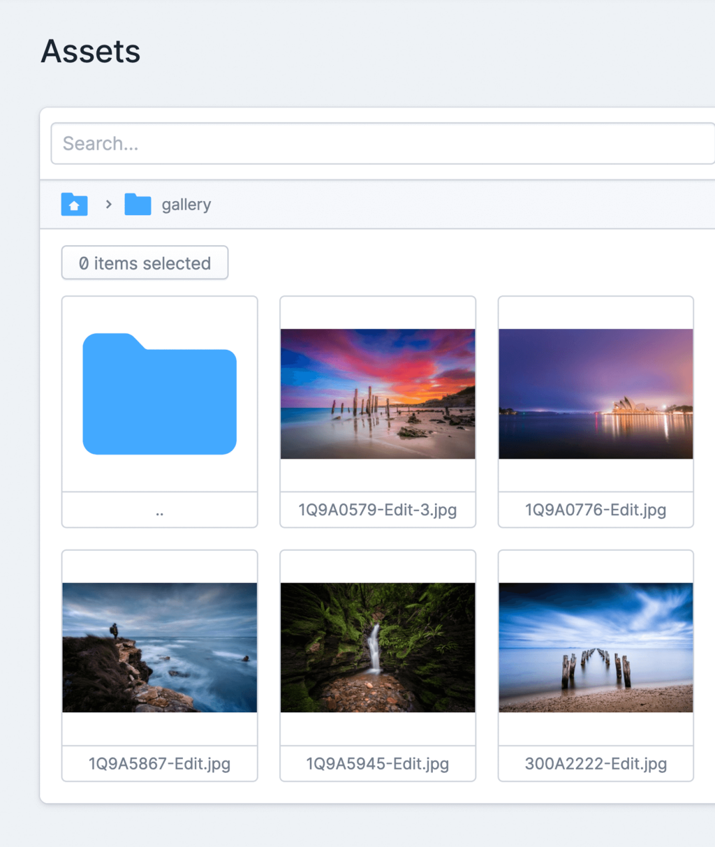 Screenshot of the Statamic assets browser, which makes it easy to upload and manage your images and files for your site.