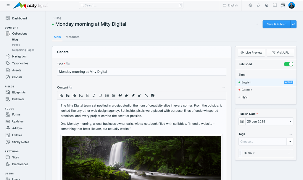 Statamic's content editing experience is best-in-class, and gives you all the tools you need to edit your page's content and images.