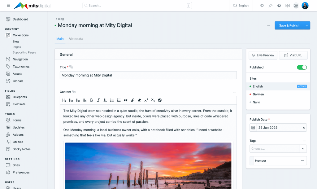 Statamic's content editing experience is best-in-class, and gives you all the tools you need to edit your page's content and images.