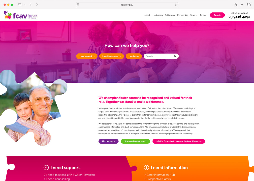 Screenshot of the Foster Care Association of Victoria desktop site