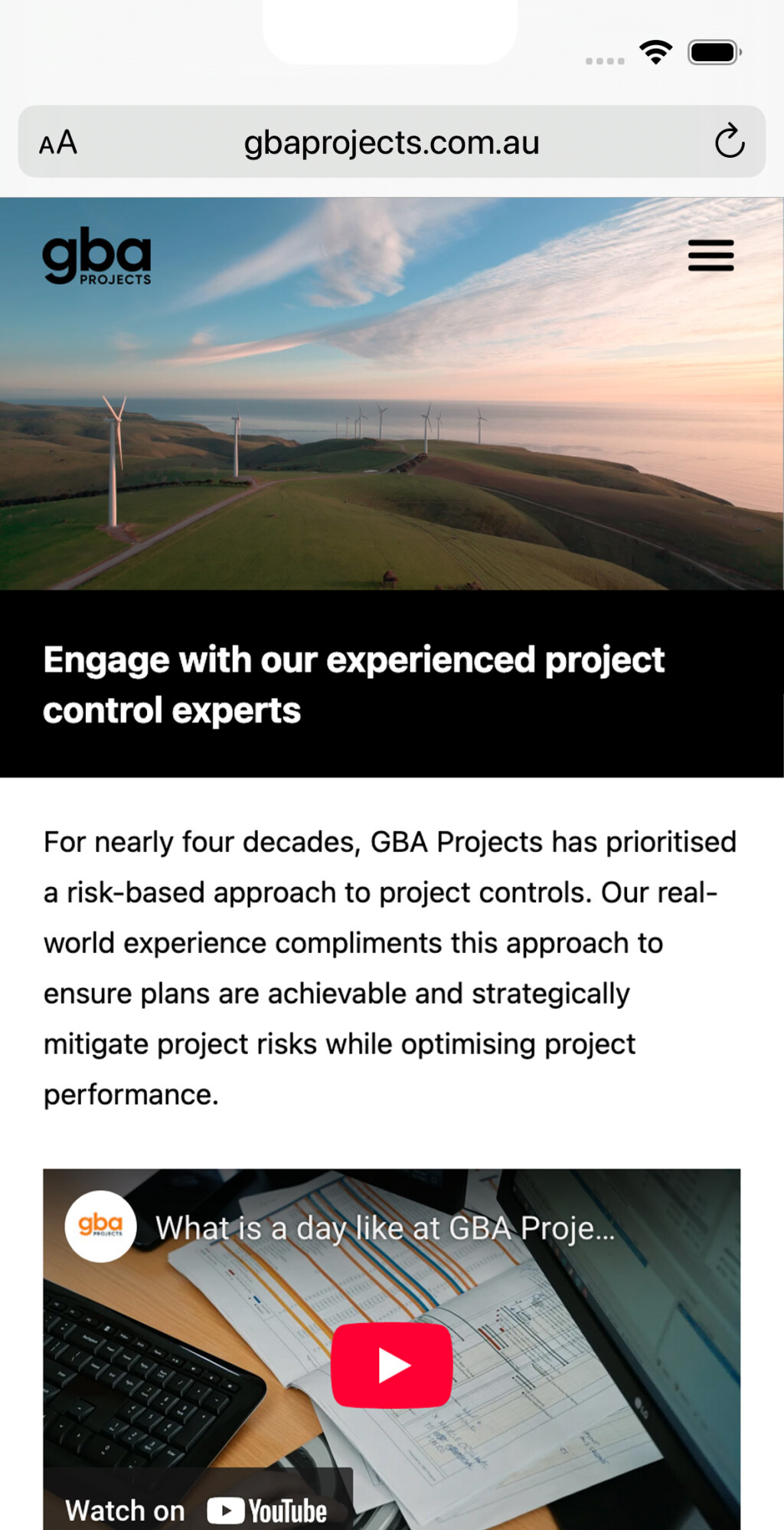 Screenshot of the mobile variant of the GBA Projects site