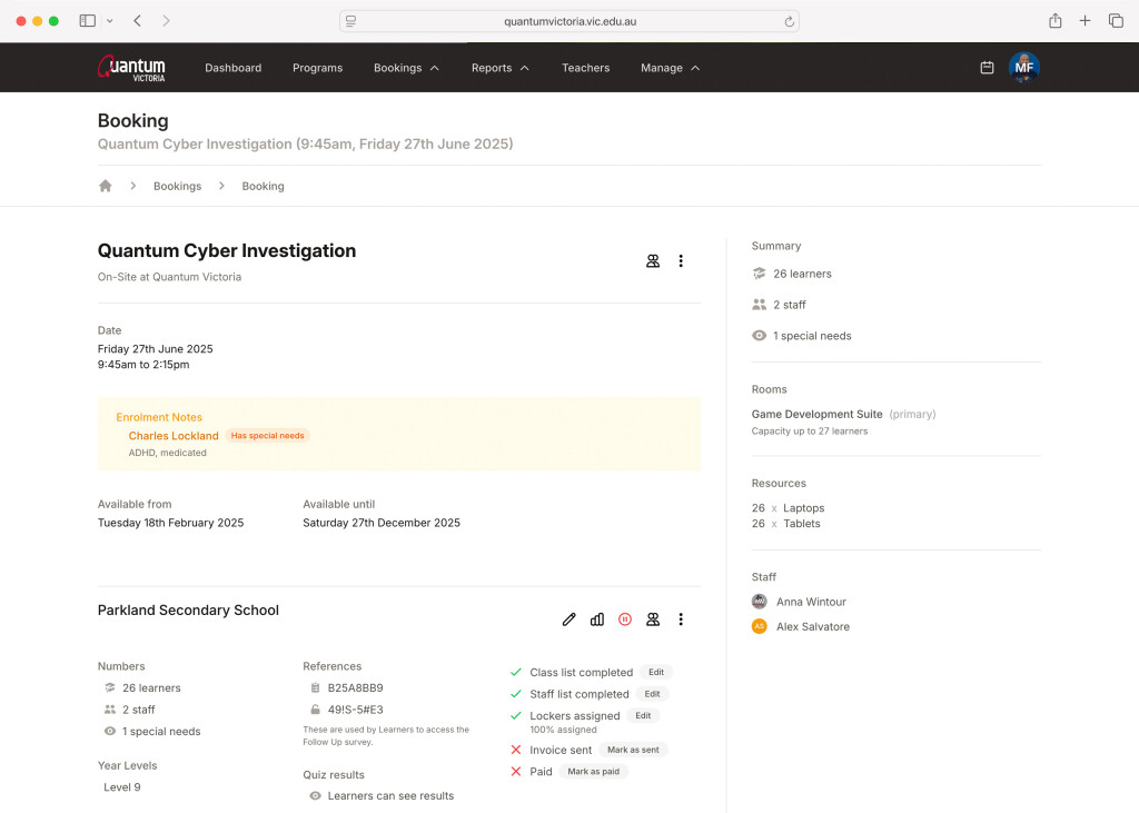The bookings layout of the admin area of the Quantum Victoria platform