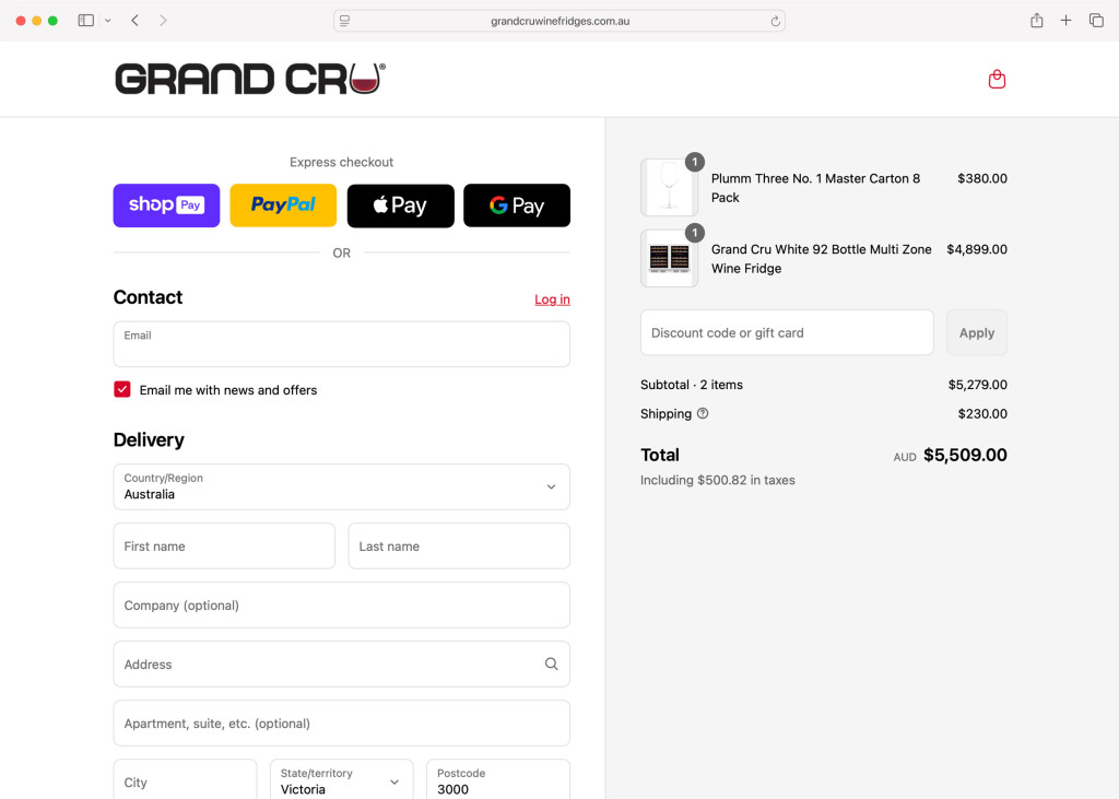 Screenshot of the desktop variant of the checkout process for a Shopify site