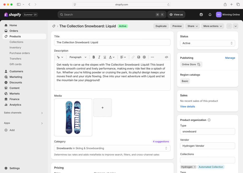 A screenshot showing the editing interface for a product in Shopify