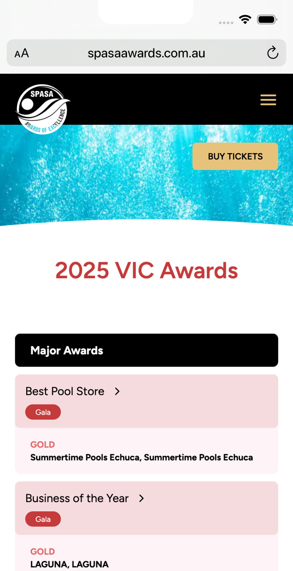 Screenshot of the mobile variant of the SPASA Awards site
