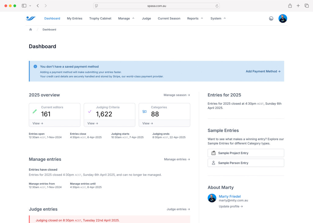 A screenshot of the dashboard of the SPASA Awards platform