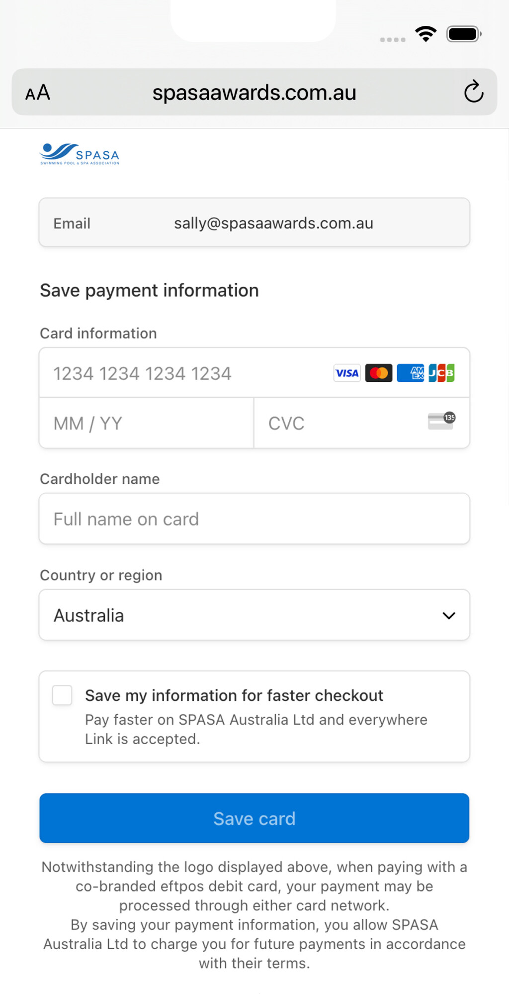 A screenshot of Stripe's hosted checkout page in the SPASA Awards Platform